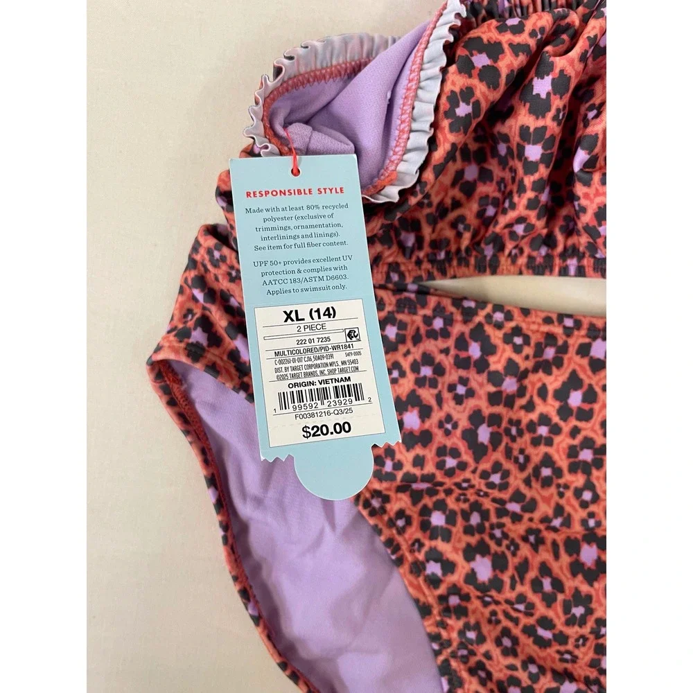 Cat & Jack Girls XL 14 Leopard Print 2 Piece Bikini Swimsuit Pink Purple UPF 50+